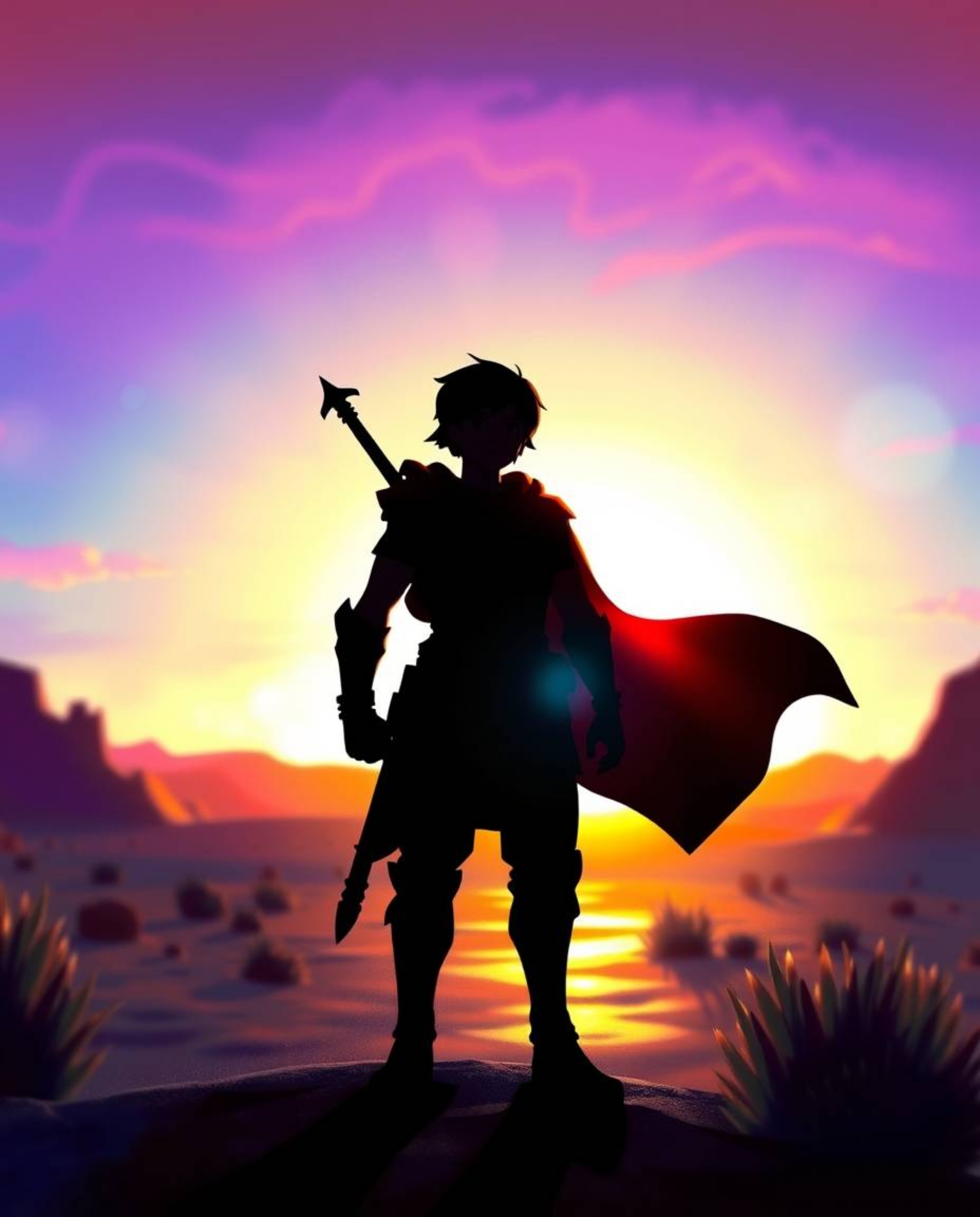 A brave, Disney-style hero is silhouetted against a vibrant desert sunset, creating stunning reflections in a digital paintin