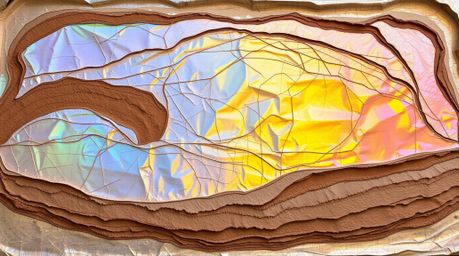 Discover a stunning layered papier-mâché artwork featuring an iridescent gradient texture on a metallic surface.  Vibrant col
