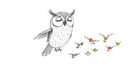 A heartwarming hand-drawn sketch in the style of Pixar depicts a wise, blind owl gently guiding a diverse class of small bird