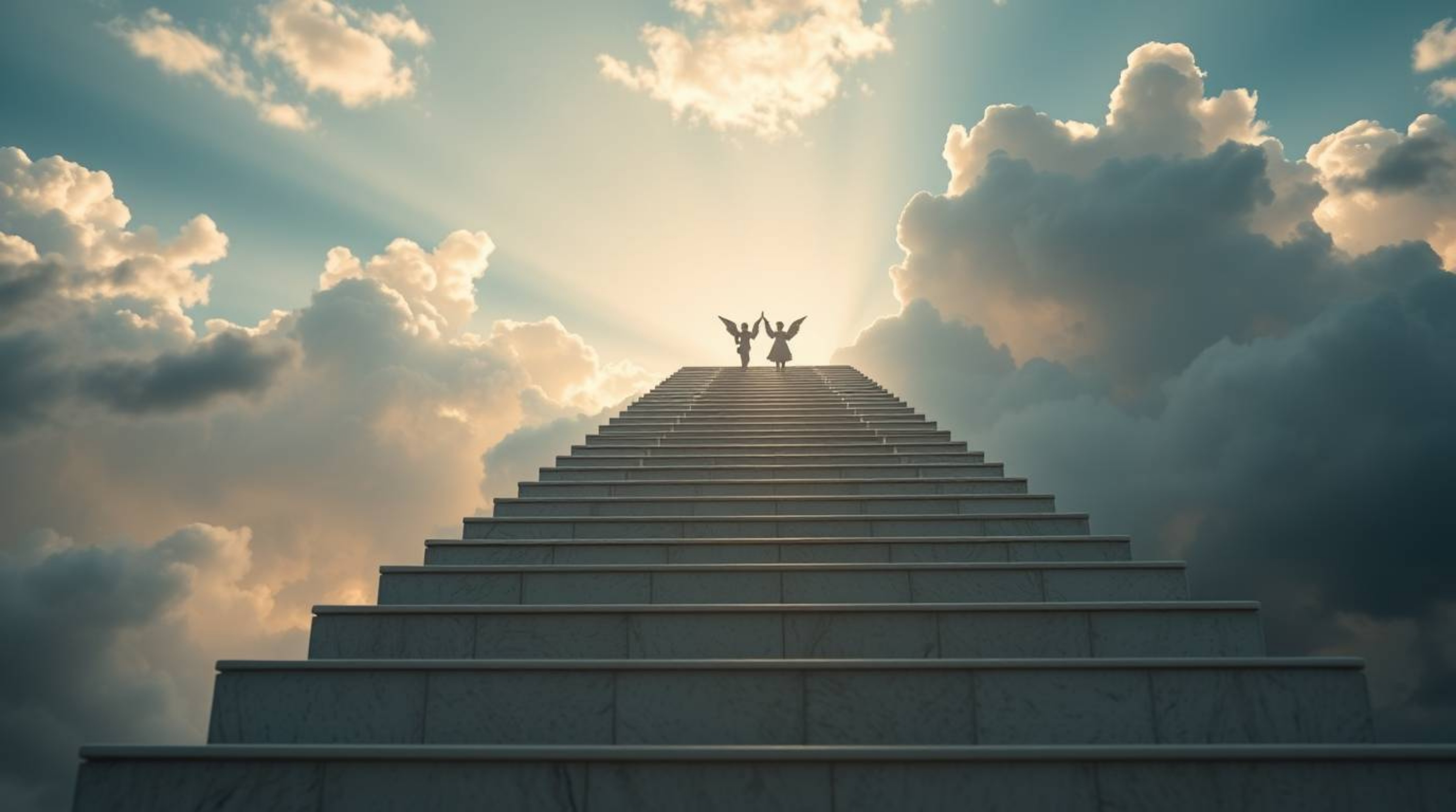 A captivating photograph showcasing luminous steps ascending into a cloudy sky, creating a dreamlike and peaceful atmosphere.