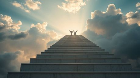 A captivating photograph showcasing luminous steps ascending into a cloudy sky, creating a dreamlike and peaceful atmosphere.