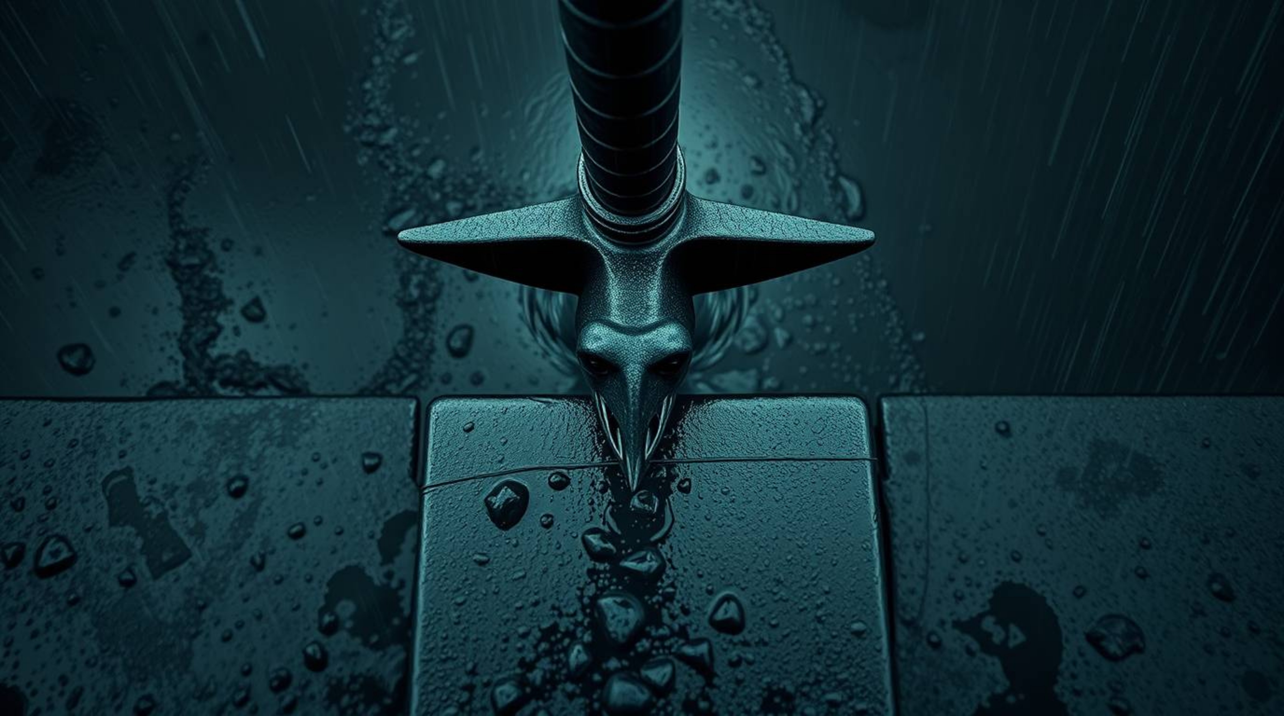 A moody, low-contrast image showcasing a bird's-eye view of an anvil poised to strike a trickster character. The scene is set