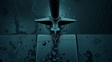 A moody, low-contrast image showcasing a bird's-eye view of an anvil poised to strike a trickster character. The scene is set