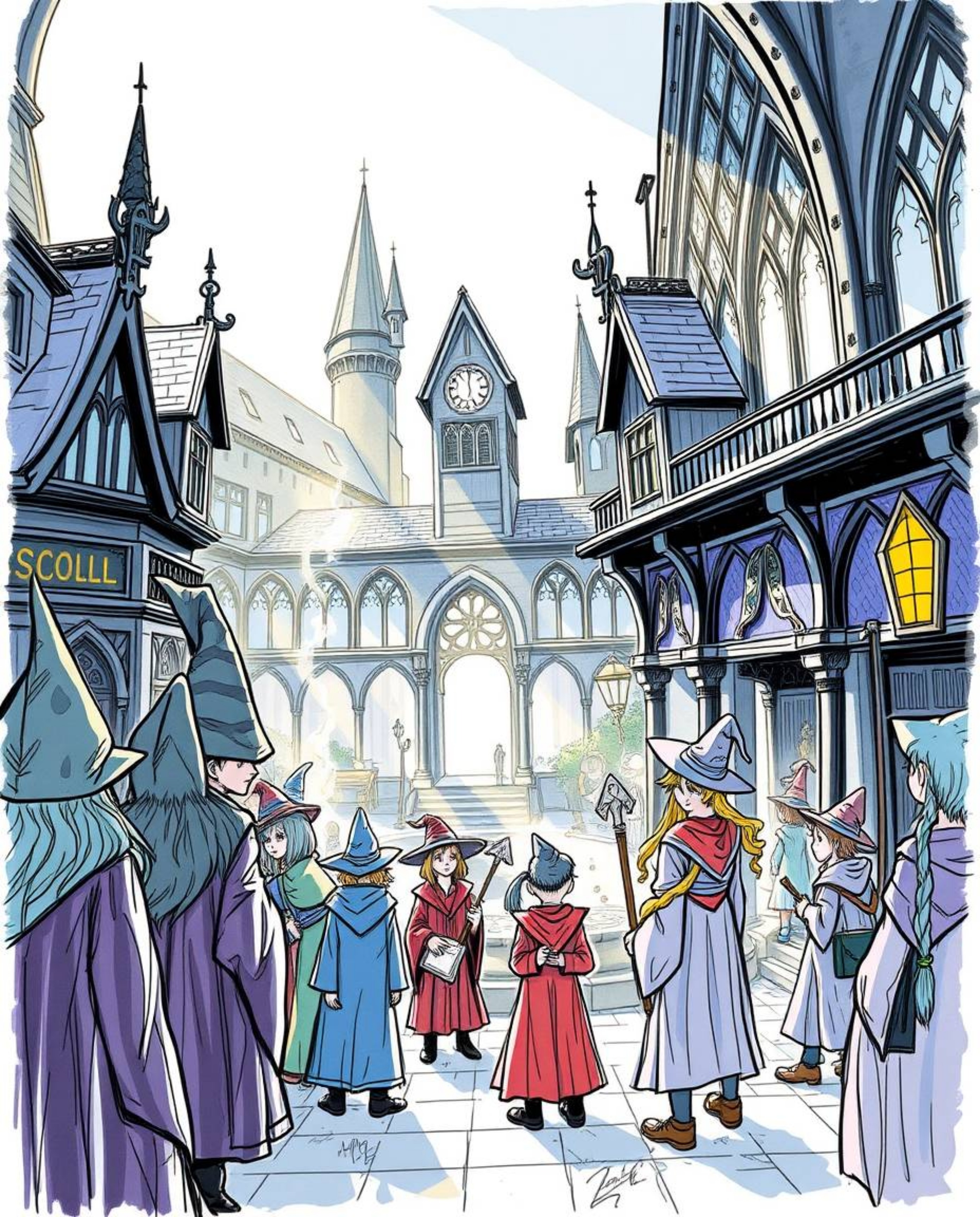 Explore a captivating hand-drawn color sketchnote depicting a magical school brimming with young wizards.  The artwork featur