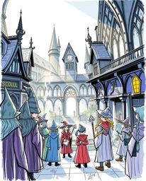 Explore a captivating hand-drawn color sketchnote depicting a magical school brimming with young wizards.  The artwork featur