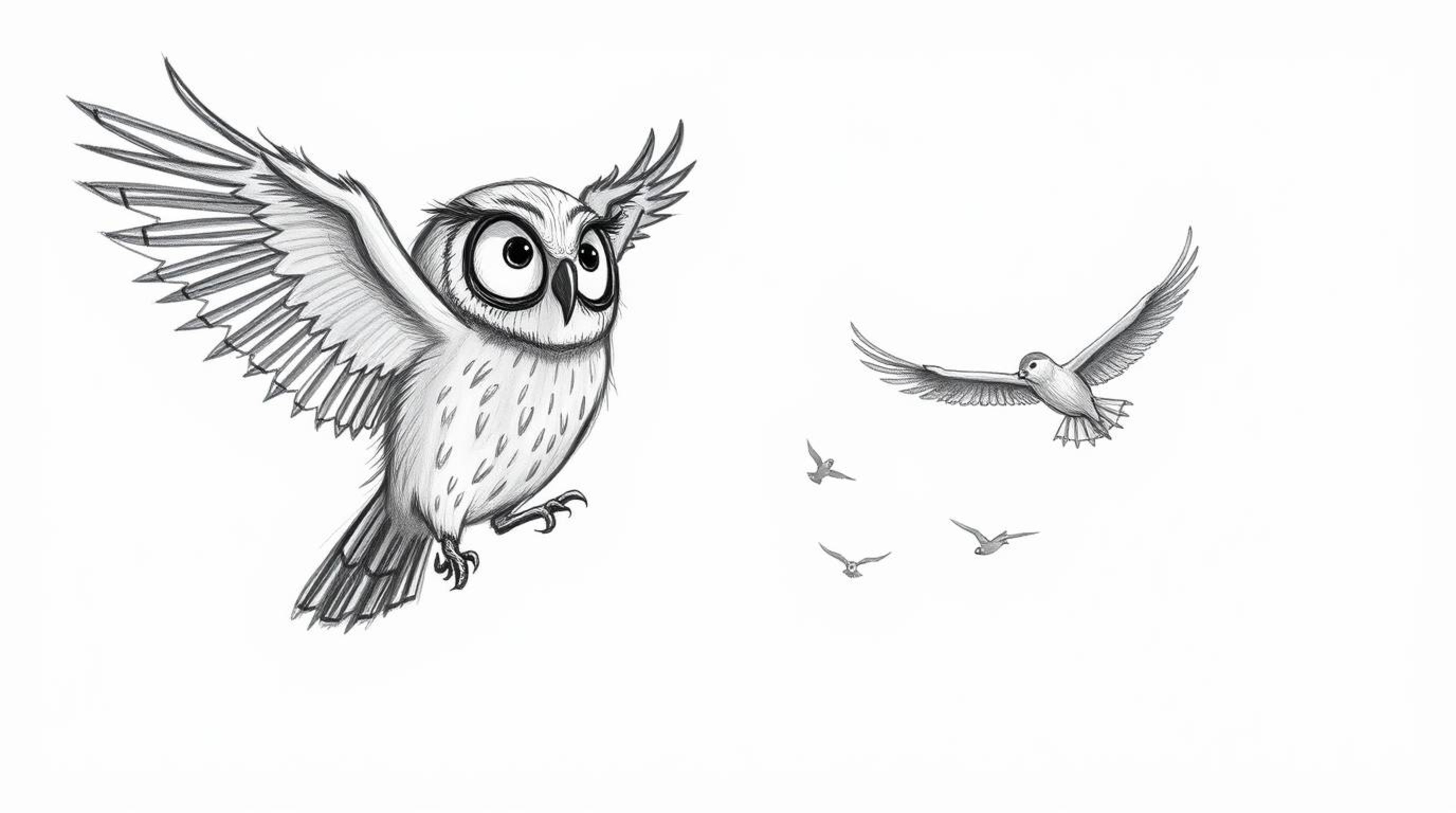 A heartwarming Pixar-style hand-drawn sketch depicts a blind owl, rendered with textured pencil strokes and rough lines, teac