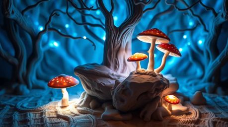 Discover a captivating vintage-style enchanted forest scene featuring glowing mushrooms and sculptural clay artwork.  The ima