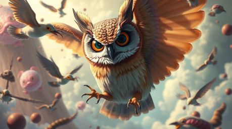 A dreamlike, surreal digital painting in the style of Pixar depicts a blind owl with unusual features guiding birds as they l