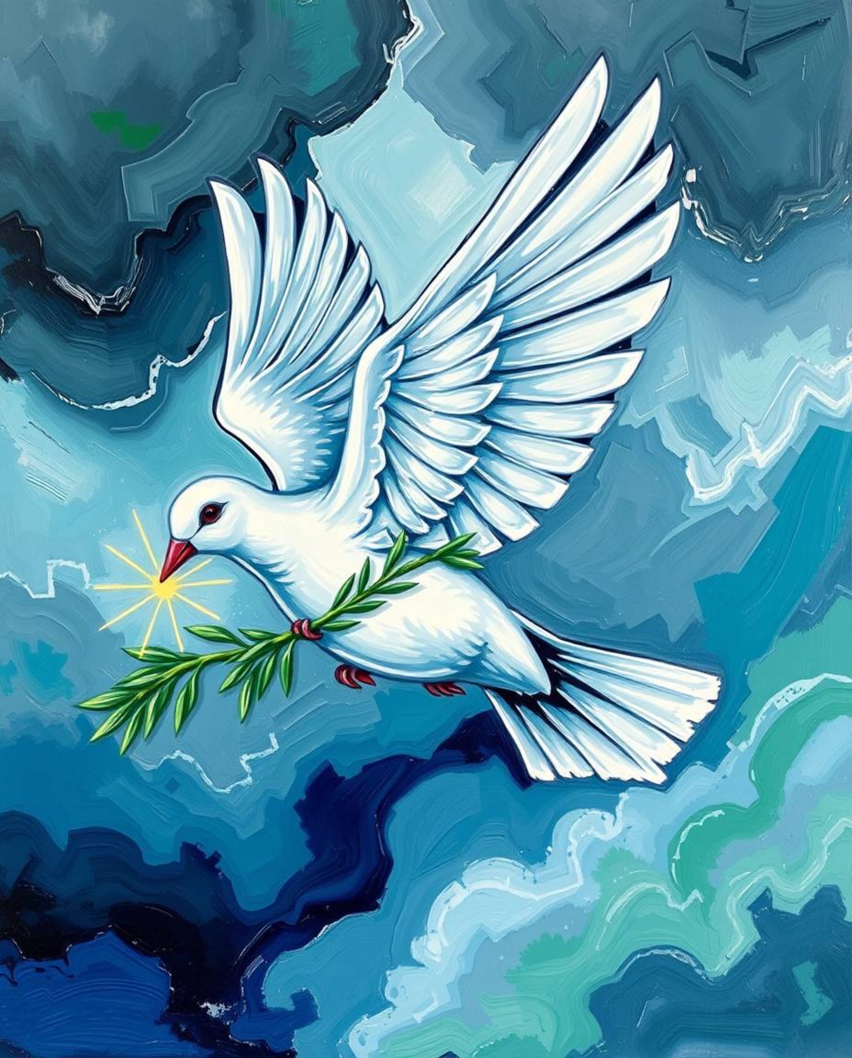 A vibrant bold acrylic painting depicts a dove with outstretched wings, carrying an olive branch, soaring through a dramatic 