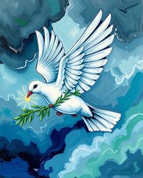A vibrant bold acrylic painting depicts a dove with outstretched wings, carrying an olive branch, soaring through a dramatic 