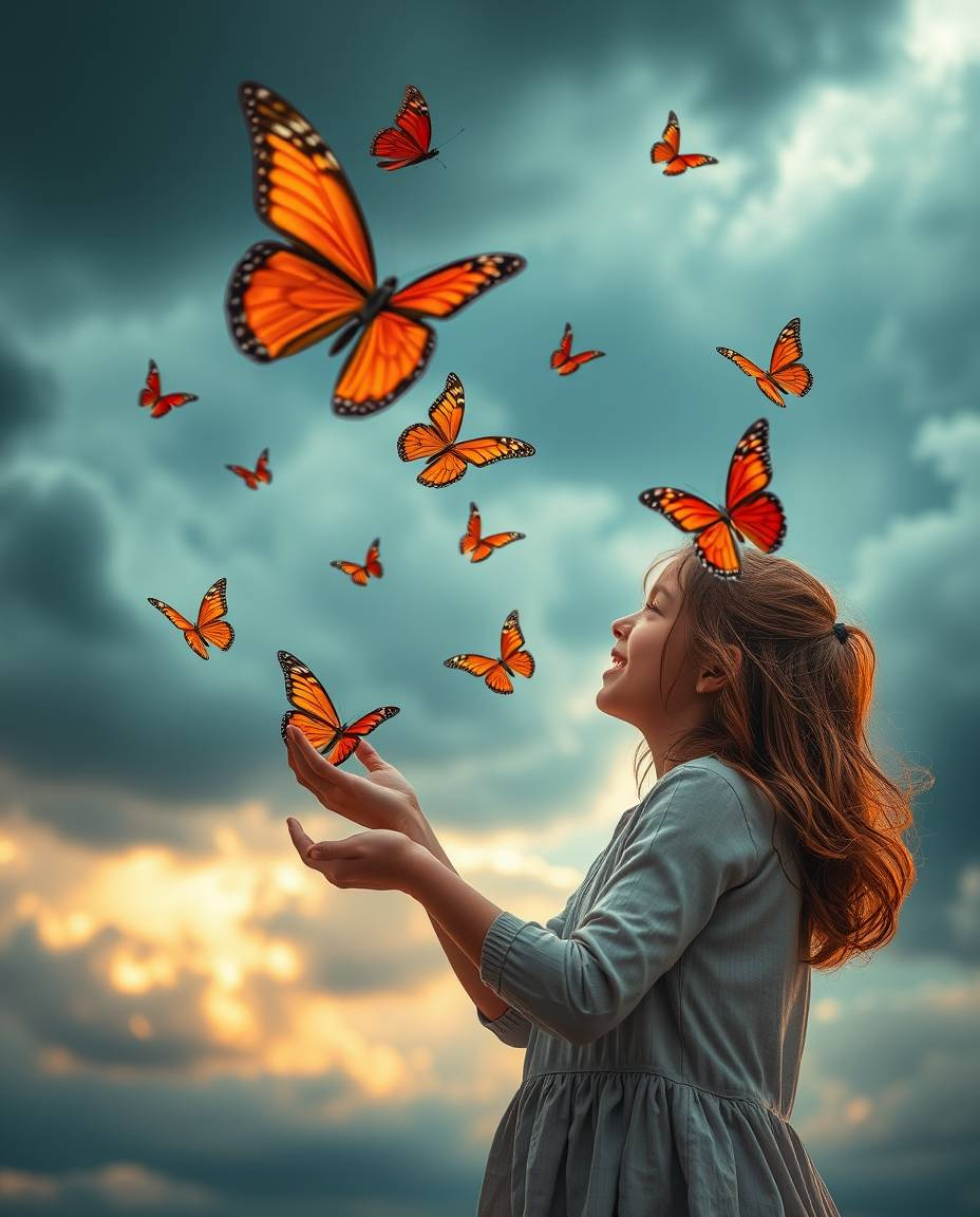 This high-resolution stock photo captures a powerful scene of a girl releasing butterflies against a dramatic, stormy sky. Th