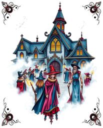 A captivating symbolic tattoo art print showcases a magical school brimming with young wizards.  Rendered in vibrant colors a