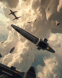Experience a futuristic sci-fi vision with a high-angle perspective overlooking a surreal storm. Flying objects dance against