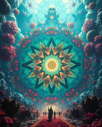 Explore an epic dreamlike scene featuring a surreal geometric floral mandala brought to life with vibrant colors and a symmet