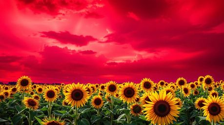 A captivating image of a vibrant sunflower field bathed in the intense light of a deep red and purple sunset.  The high contr