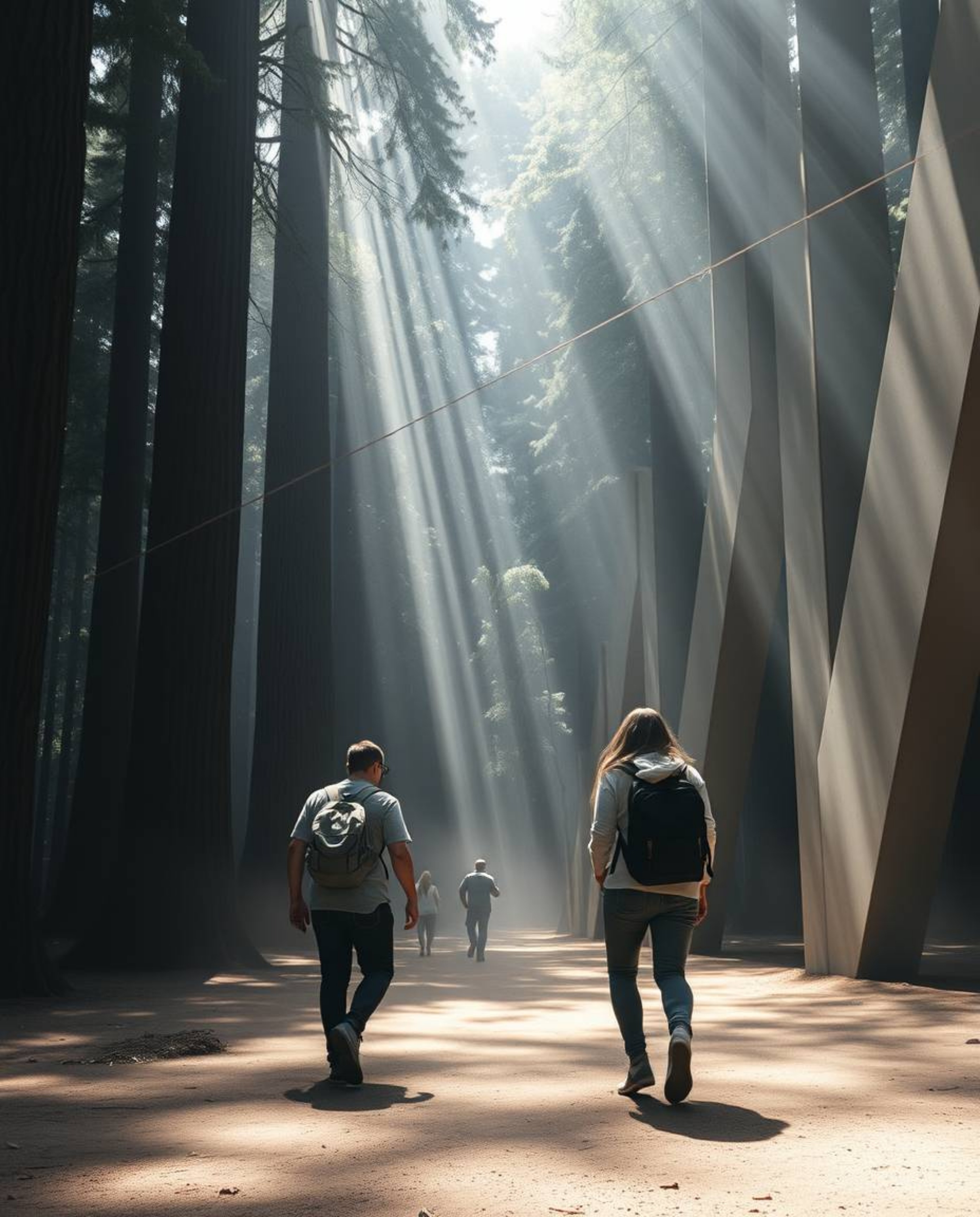 Explore the intersection of architecture and nature with a stunning photograph featuring friends discovering a forest. Sharp 