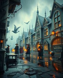 Discover a dreamlike, surreal image of a magical school brimming with young wizards.  Experience a fantastical scene under a 