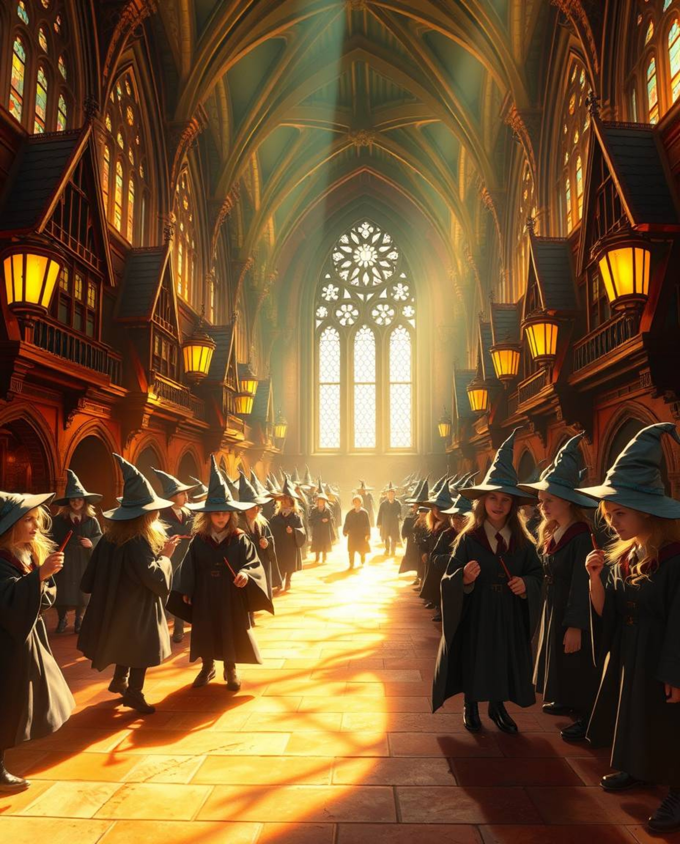 Discover a captivating image of a magical school brimming with young wizards.  Rendered in a radiant and luxurious style, the