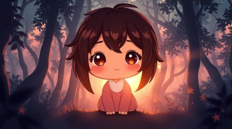 Discover an adorable and charming character bathed in the magical sunset light filtering through a dense forest. This digital