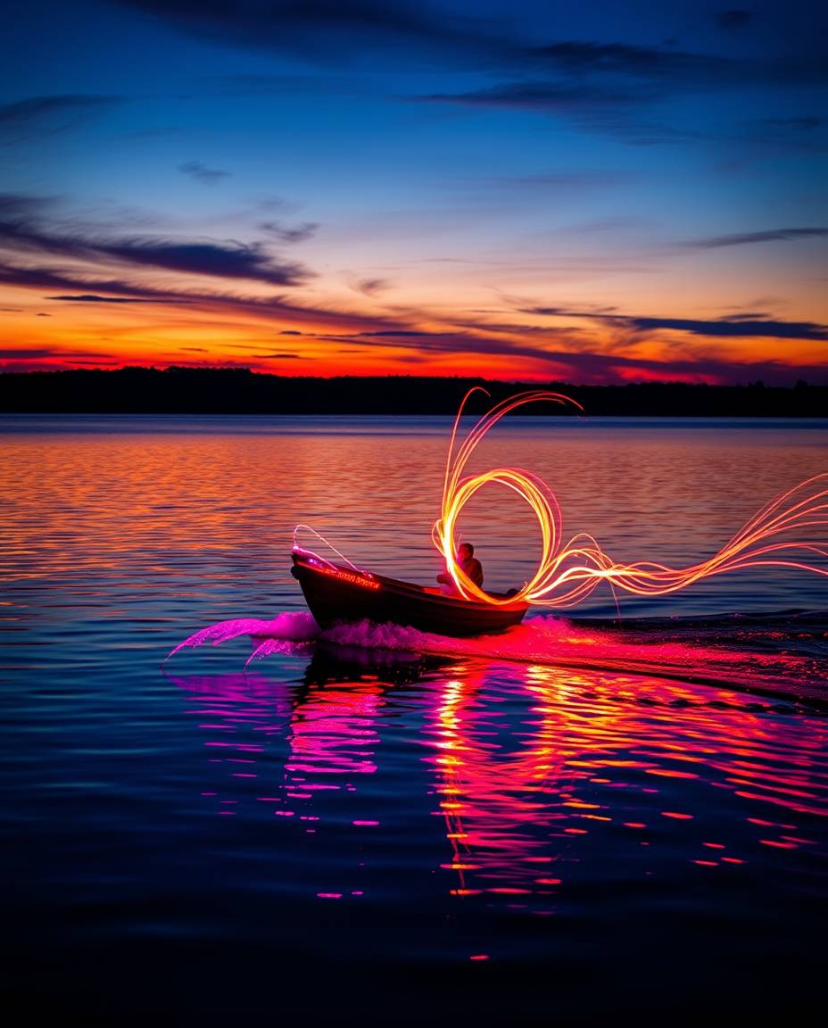 Creative light art depicts a boat drifting on a lake at sunset, where artistic lighting techniques are used to form beautiful