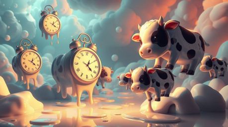 Explore a whimsical and captivating surreal dreamscape where time melts away with melting clocks and cows float gently throug