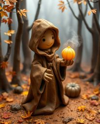 Explore a world of warm autumn colors and sculptural clay art, featuring a cloaked figure in a misty forest holding a glowing