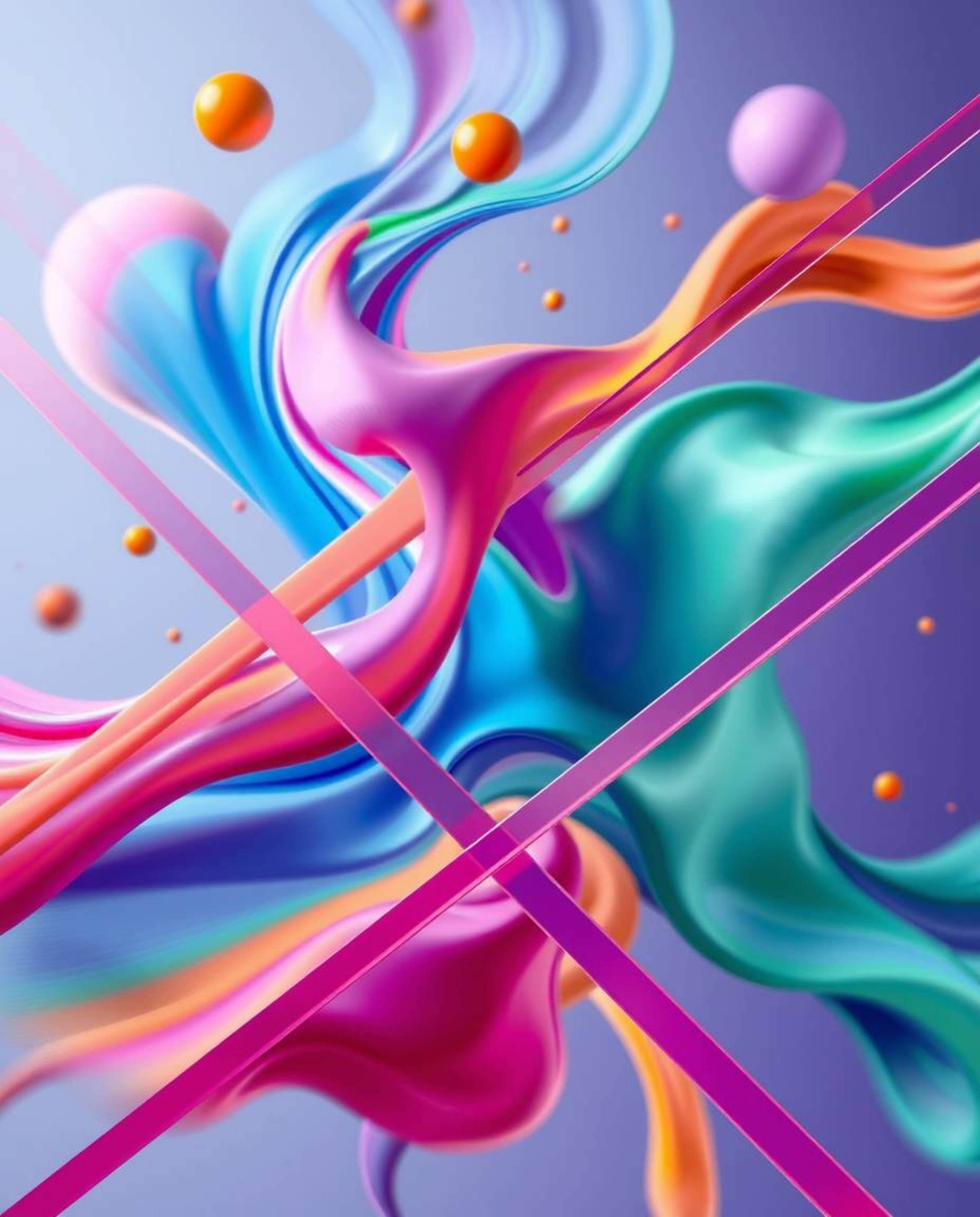 This high-resolution stock photo showcases a dynamic interaction between colorful 3D fluid shapes and geometric forms. The ab