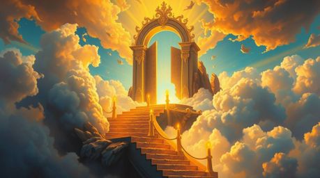 This captivating fantasy realism painting depicts a heavenly gate suspended above a sea of clouds, with a grand staircase des