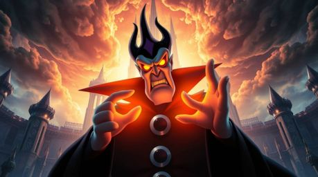 A dramatic scene depicting a classic Disney villain with glowing eyes casting a spell within a grand, futuristic castle.  The