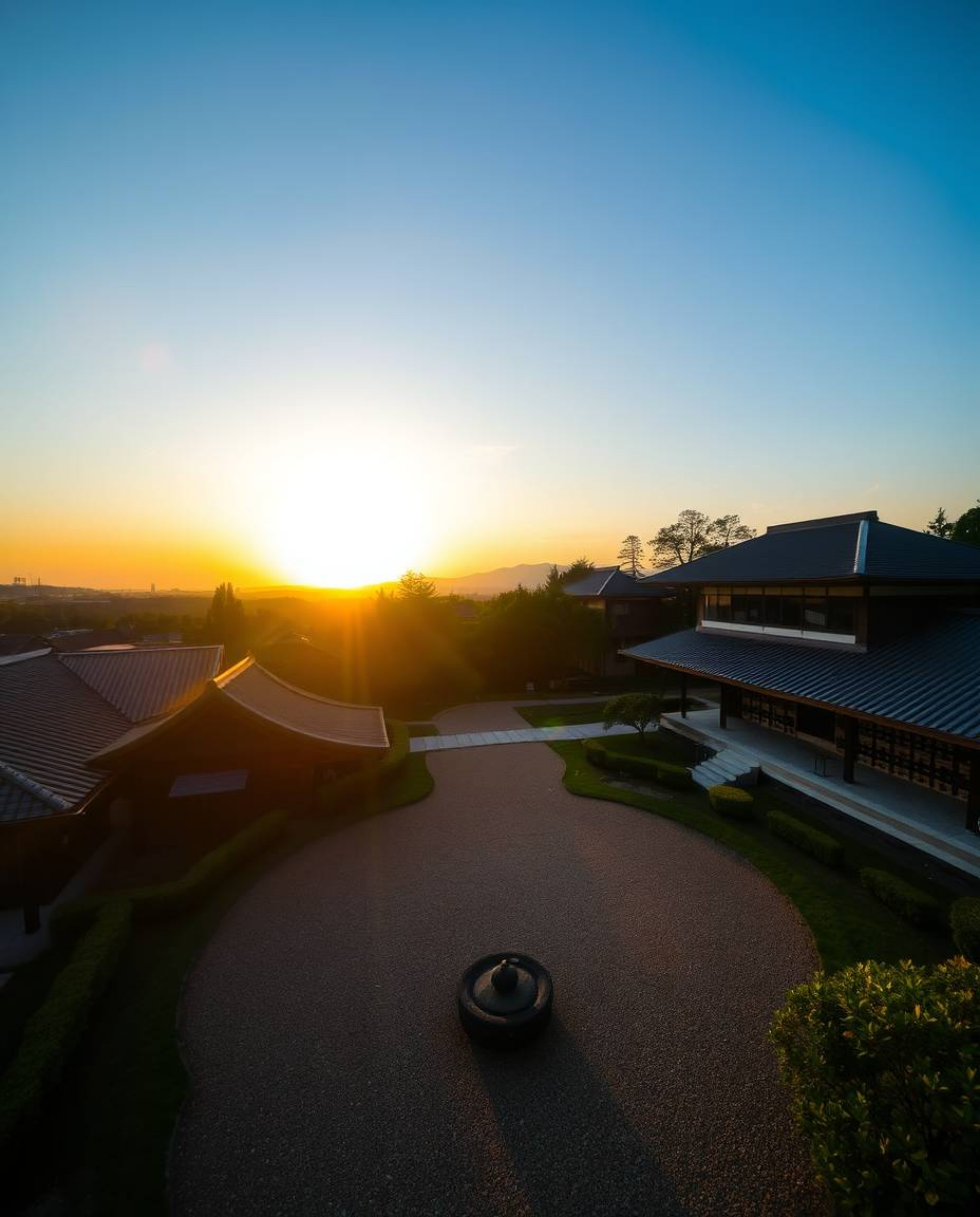 Experience a serene Zen garden at sunset from a compelling high-angle perspective. This photograph is distinctly split into d