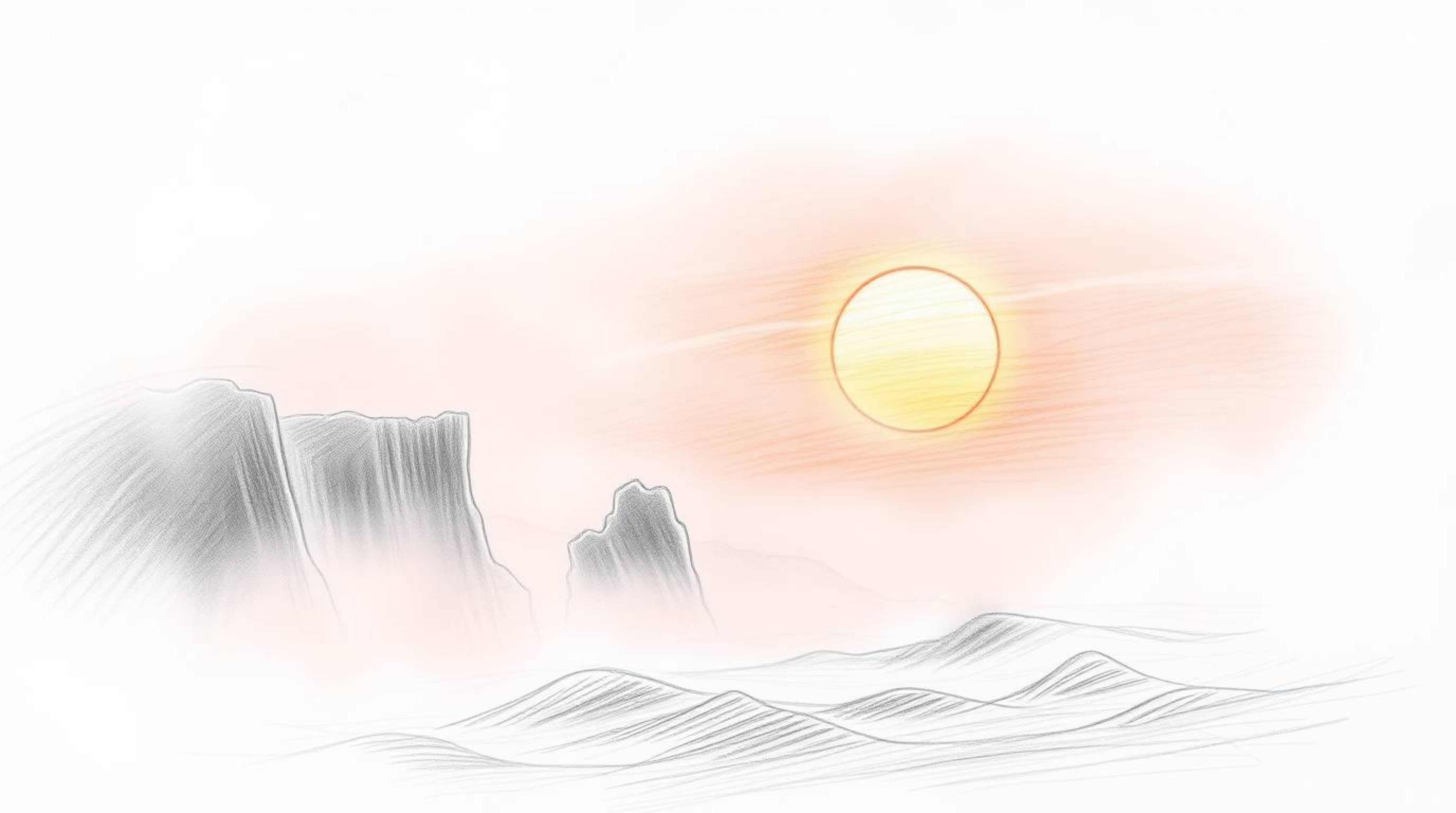 A captivating hand-drawn sketch depicting waves crashing against cliffs under a vibrant sunset.  Thick fog adds a mysterious 