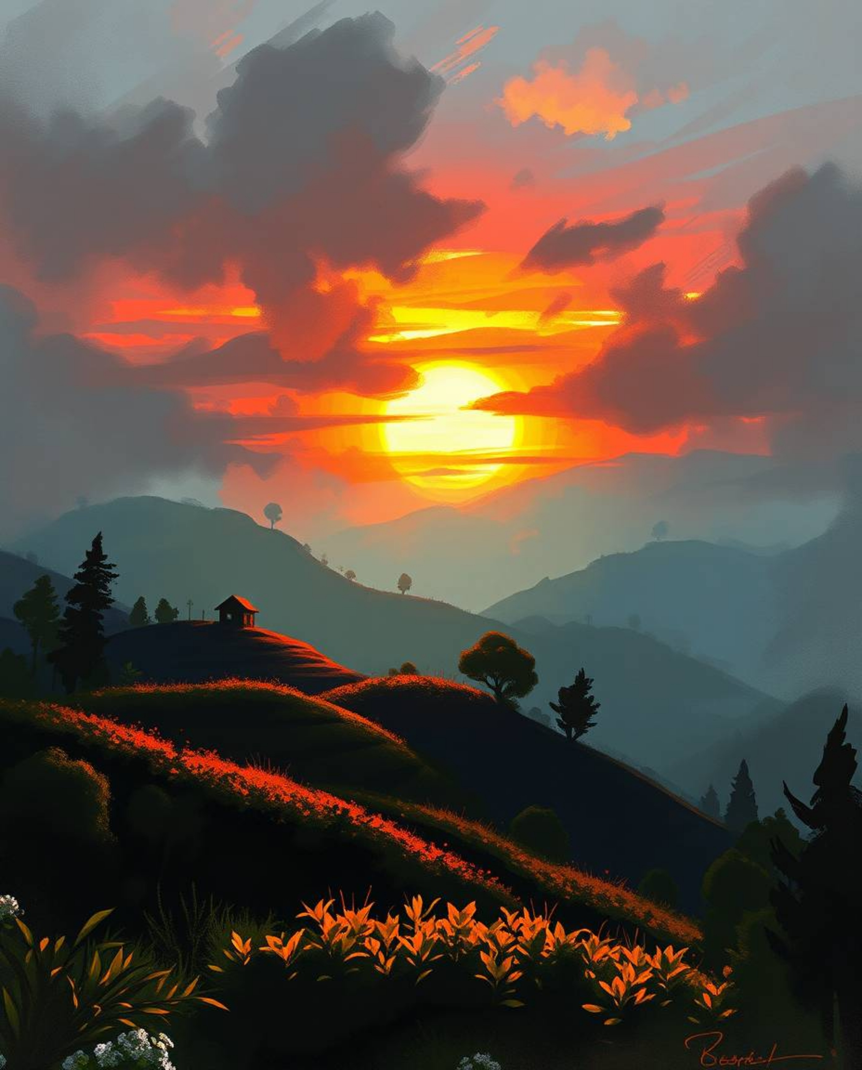 This dynamic digital sketch, created with loose, painterly strokes, portrays a dramatic sunset over terraced tea plantations.
