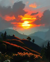 This dynamic digital sketch, created with loose, painterly strokes, portrays a dramatic sunset over terraced tea plantations.