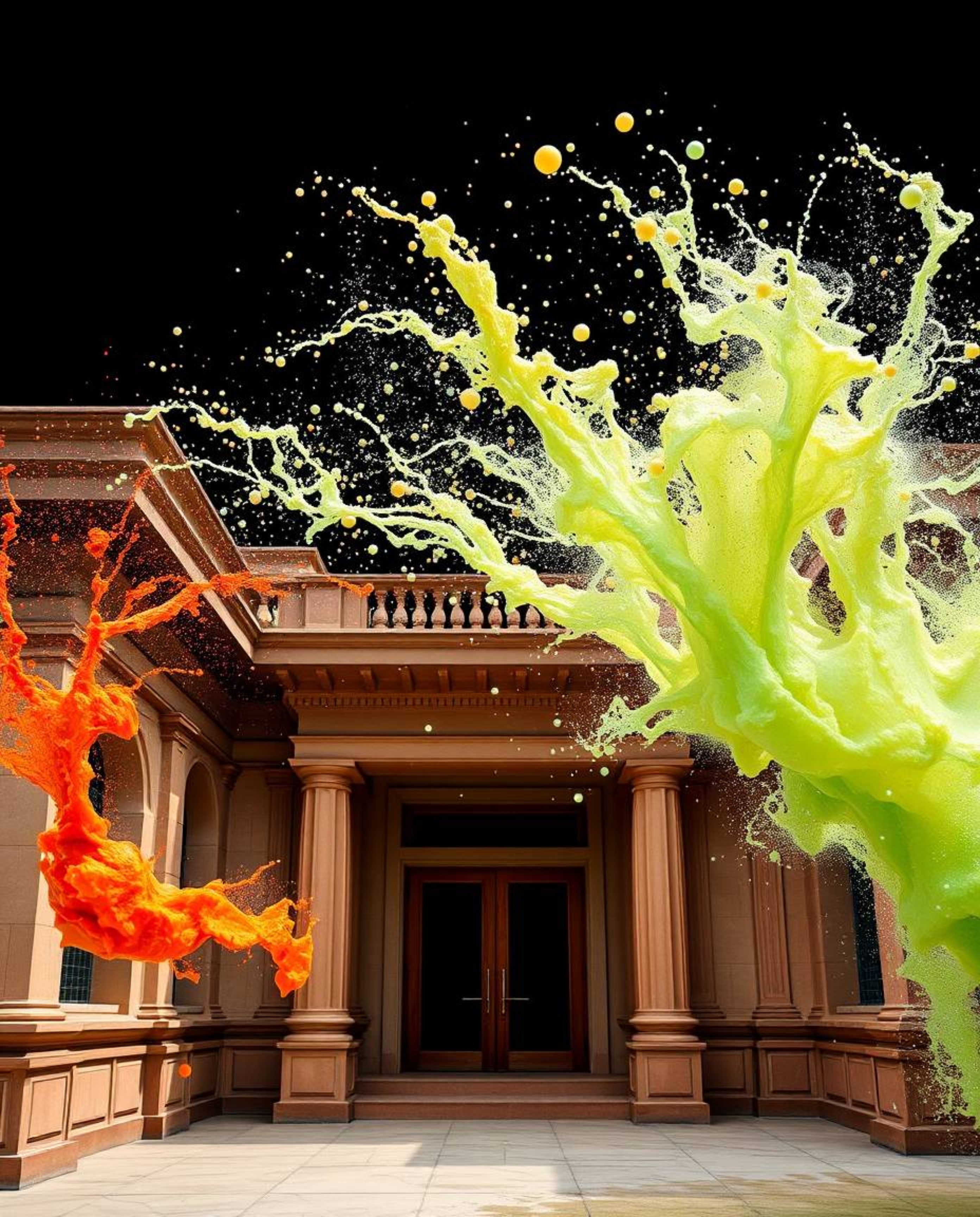 A captivating architectural photograph showcasing dynamic colorful splashes frozen in time against a stark black backdrop. Th