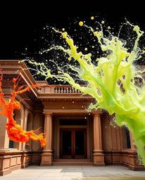 A captivating architectural photograph showcasing dynamic colorful splashes frozen in time against a stark black backdrop. Th