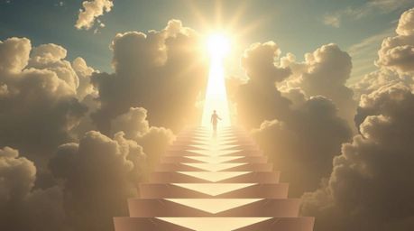 Experience an epic scene with a modern future aesthetic, featuring origami-style steps of light ascending into a cloudy sky. 