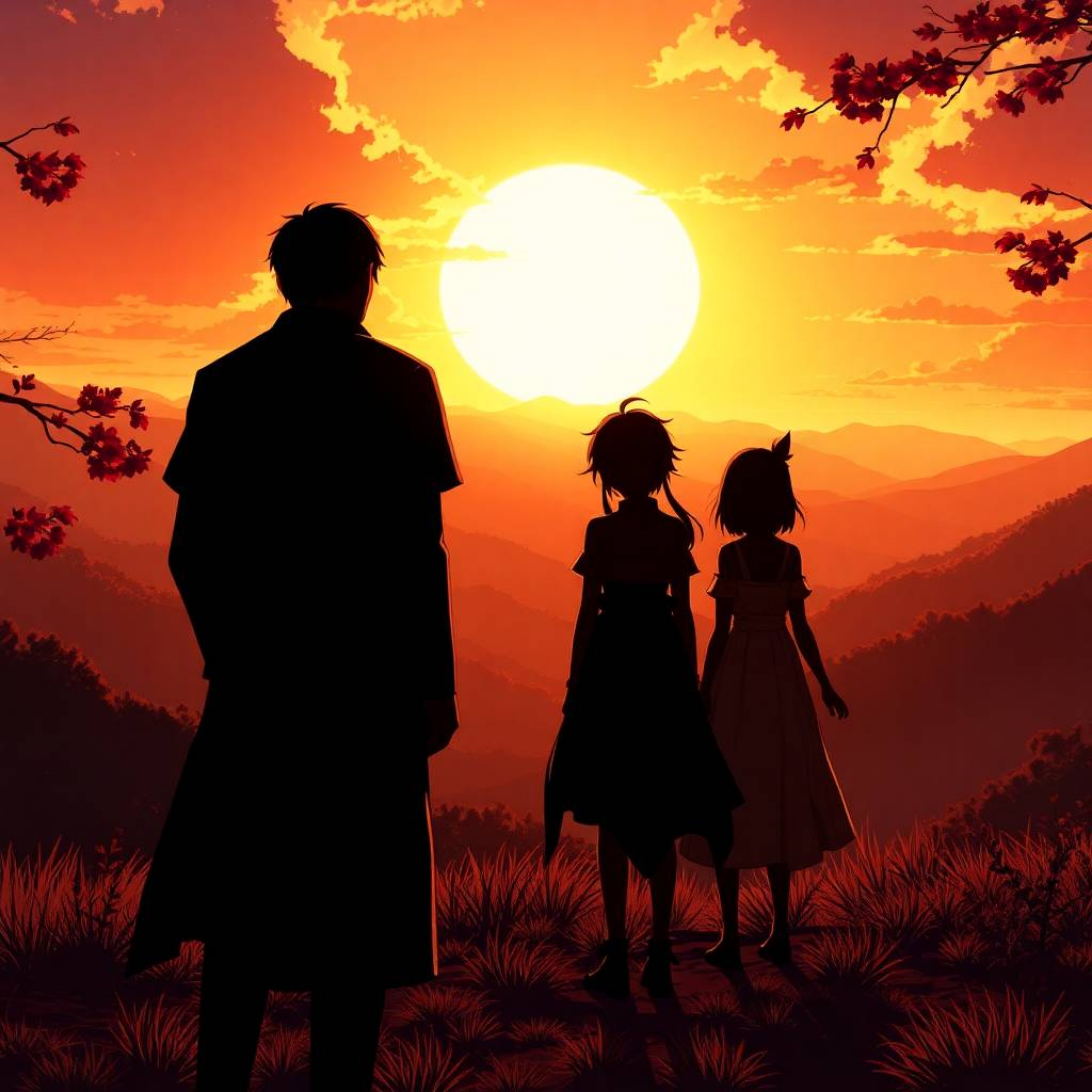 This Isekai anime-style illustration features silhouetted figures set against a breathtaking sunset over a serene mountain va