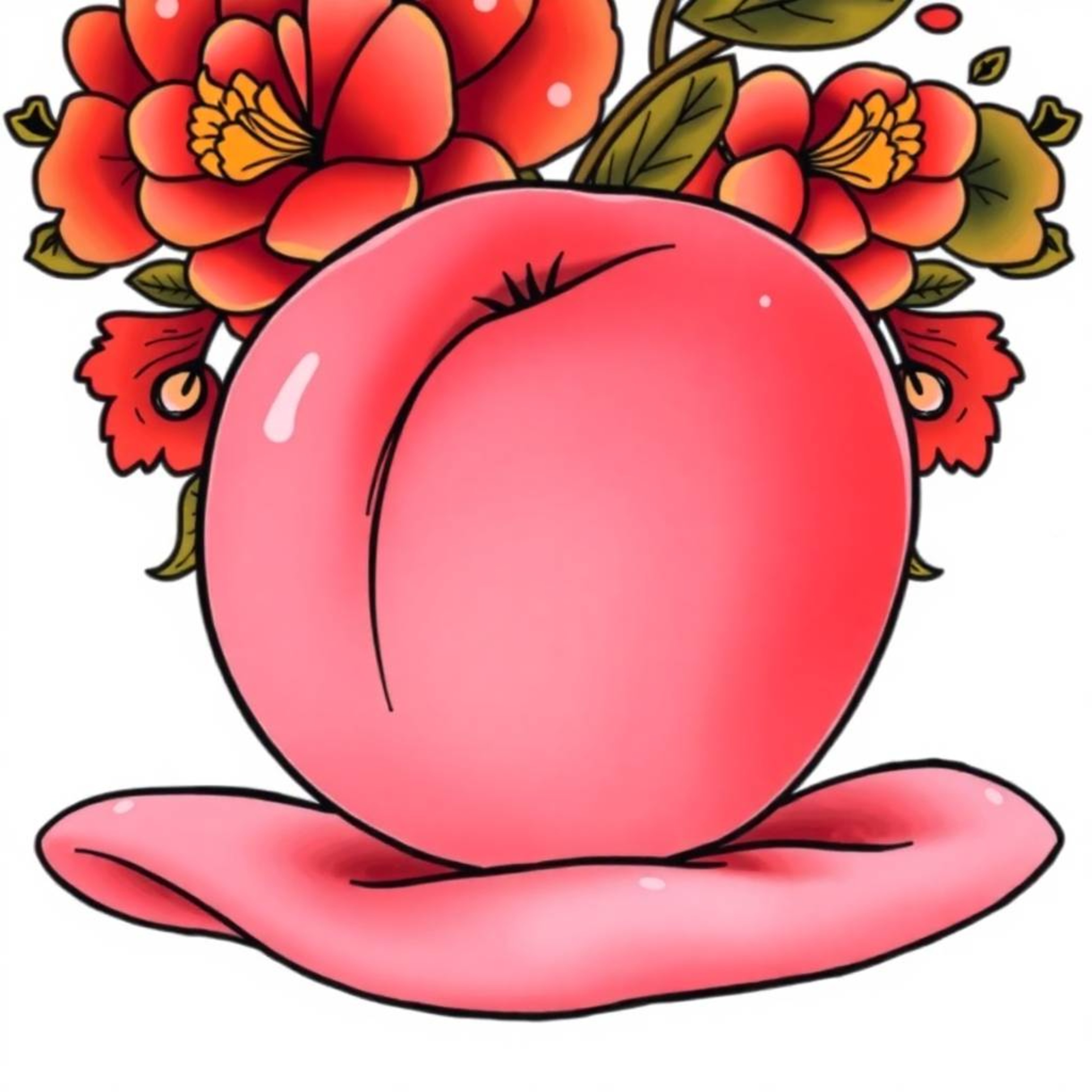 This art print features a close-up, ASMR-inducing image of a blushing pink peach on soft pastel pink fabric. The design incor