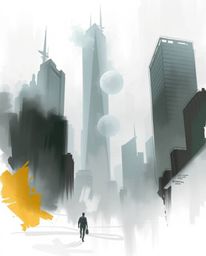 A captivating digital artwork blending painterly techniques with a modern glitch aesthetic. The scene depicts a foggy landsca