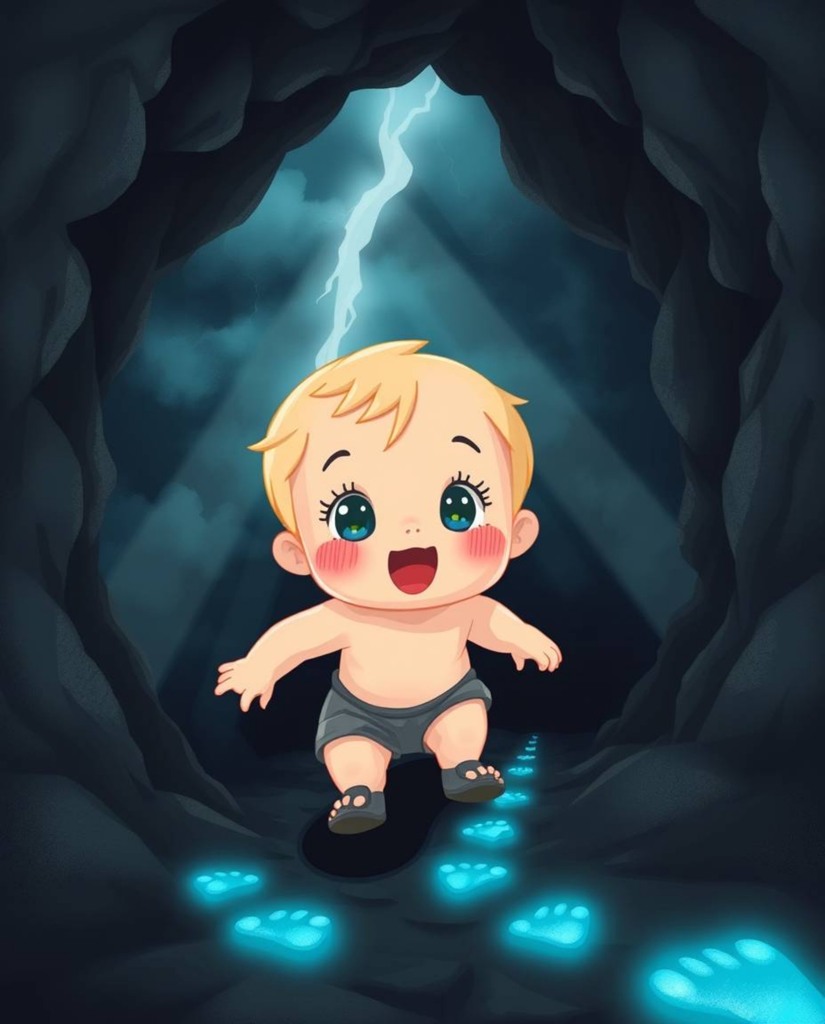 A charming child with light skin and rosy cheeks is drawn into a dark cave entrance by a trail of glowing blue footsteps. The