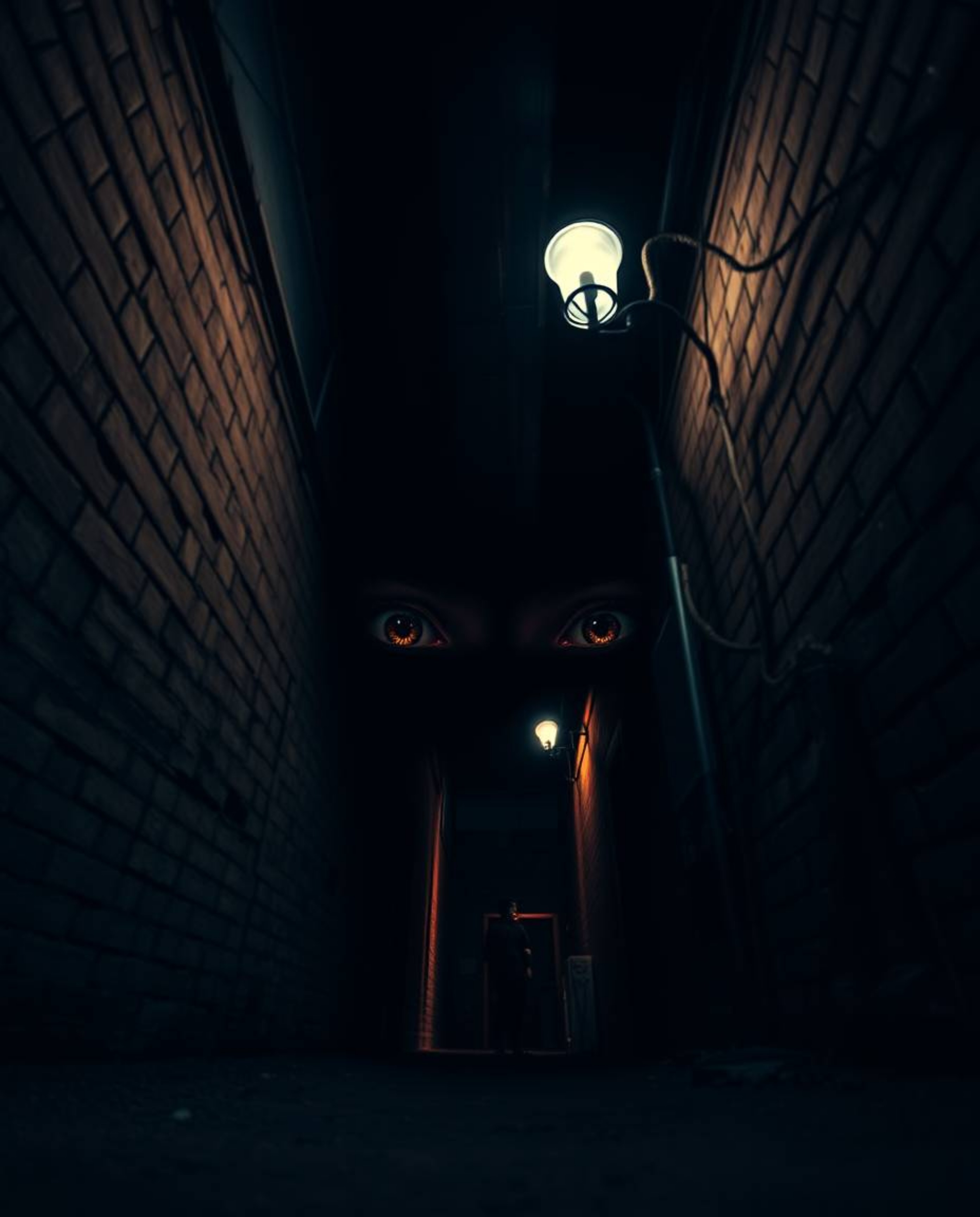 Experience a dreamlike and surreal image of eyes peering from a shadowy alley at night, complete with fantastical elements, d