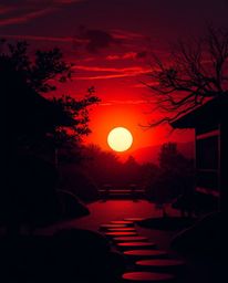 Experience a serene Zen garden at sunset, depicted with dramatic chiaroscuro lighting that creates a sophisticated and elegan