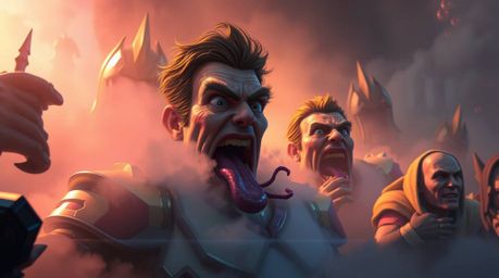 This digital painting showcases a grand, epic scene infused with unexpected gross-out comedy. Exaggerated expressions and iri