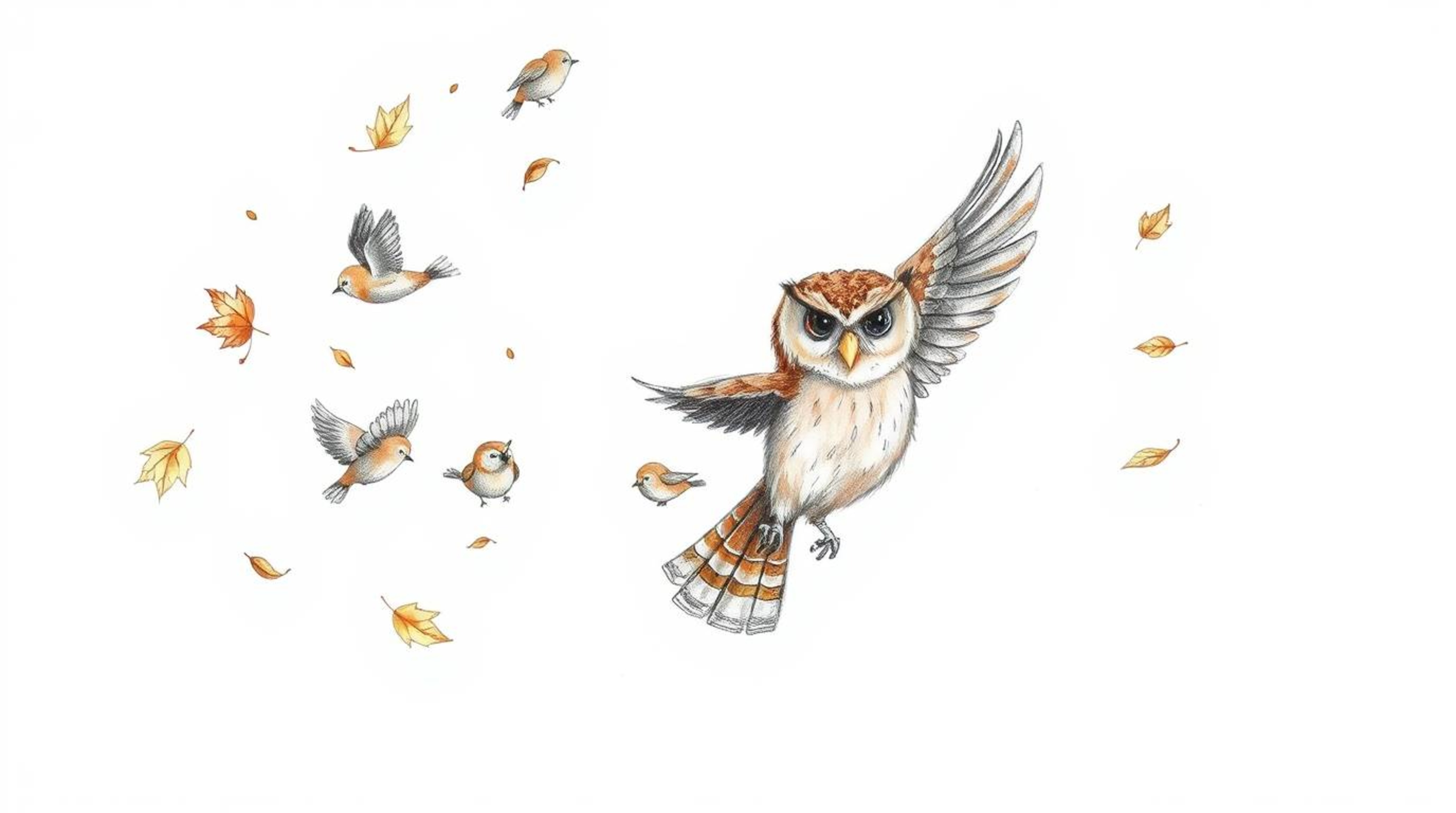 A heartwarming Pixar-style hand-drawn sketch depicts a wise, blind owl with soft brown feathers leading a group of small bird