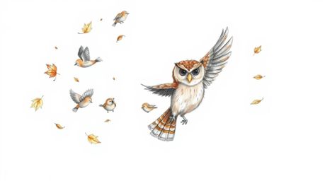 A heartwarming Pixar-style hand-drawn sketch depicts a wise, blind owl with soft brown feathers leading a group of small bird