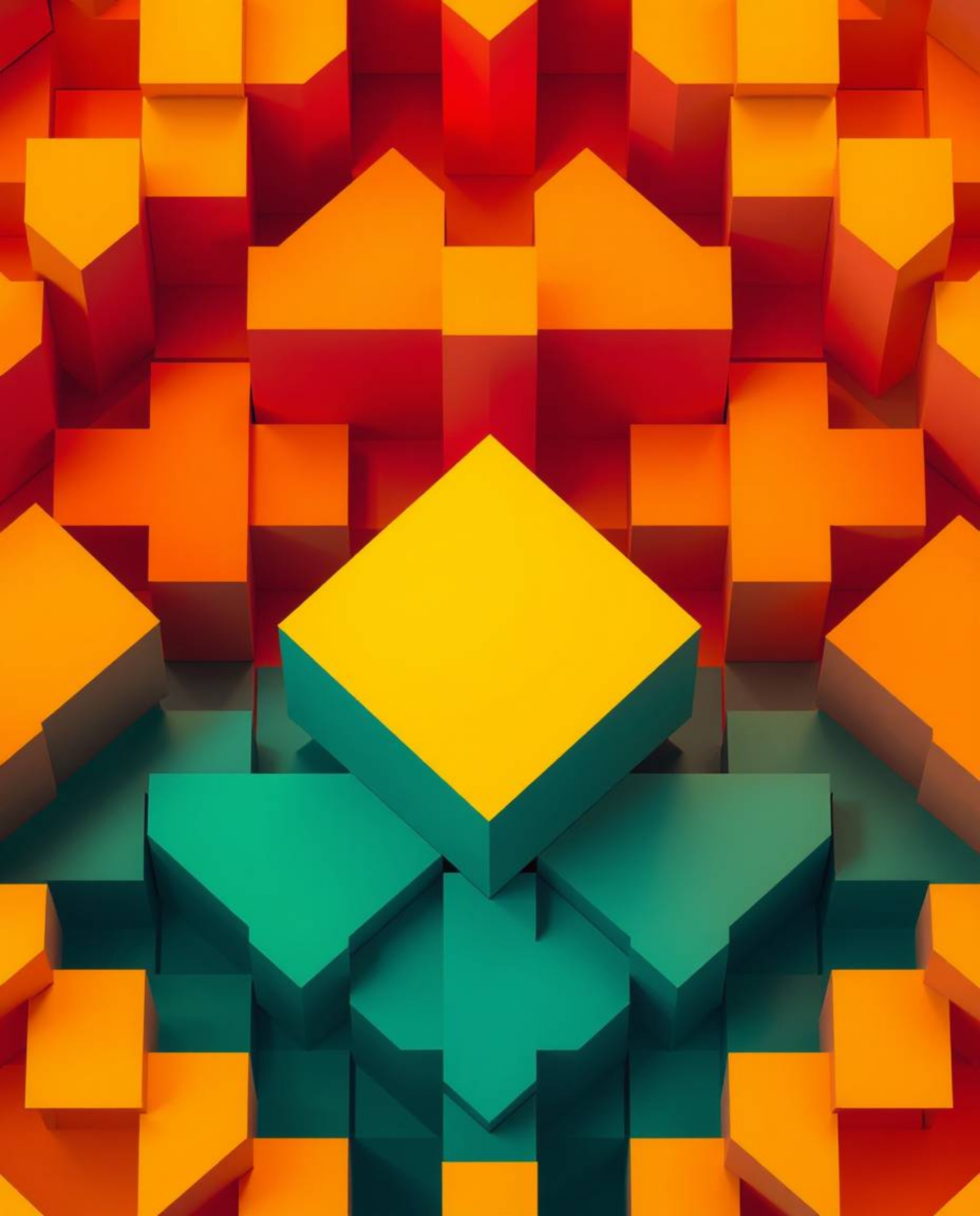 An overhead shot reveals a mesmerizing repetitive cube pattern in the style of M.C. Escher's impossible geometries.  Electric