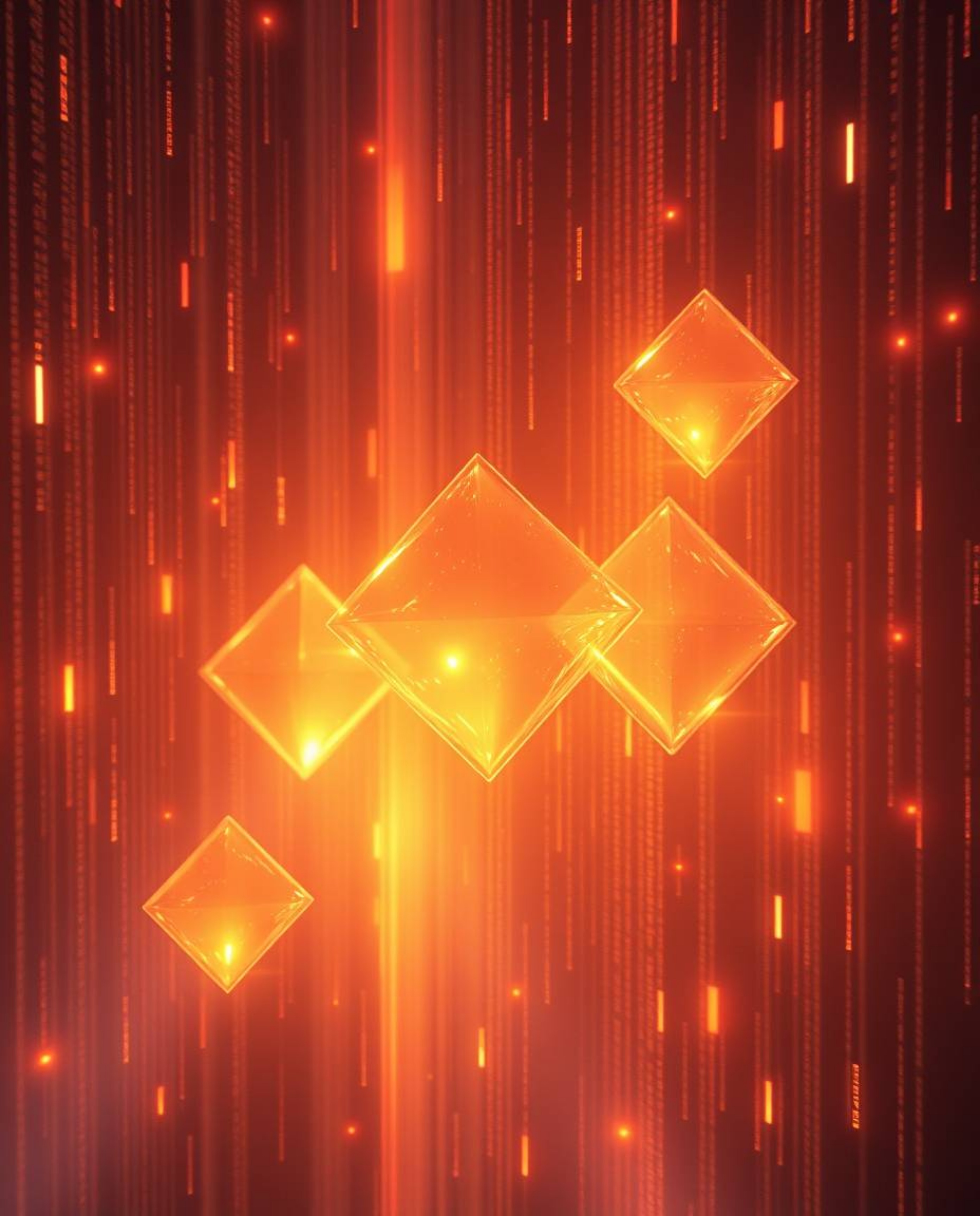 This ethereal digital painting features glitched geometric shapes floating in a vibrant cyberspace matrix, bathed in the warm