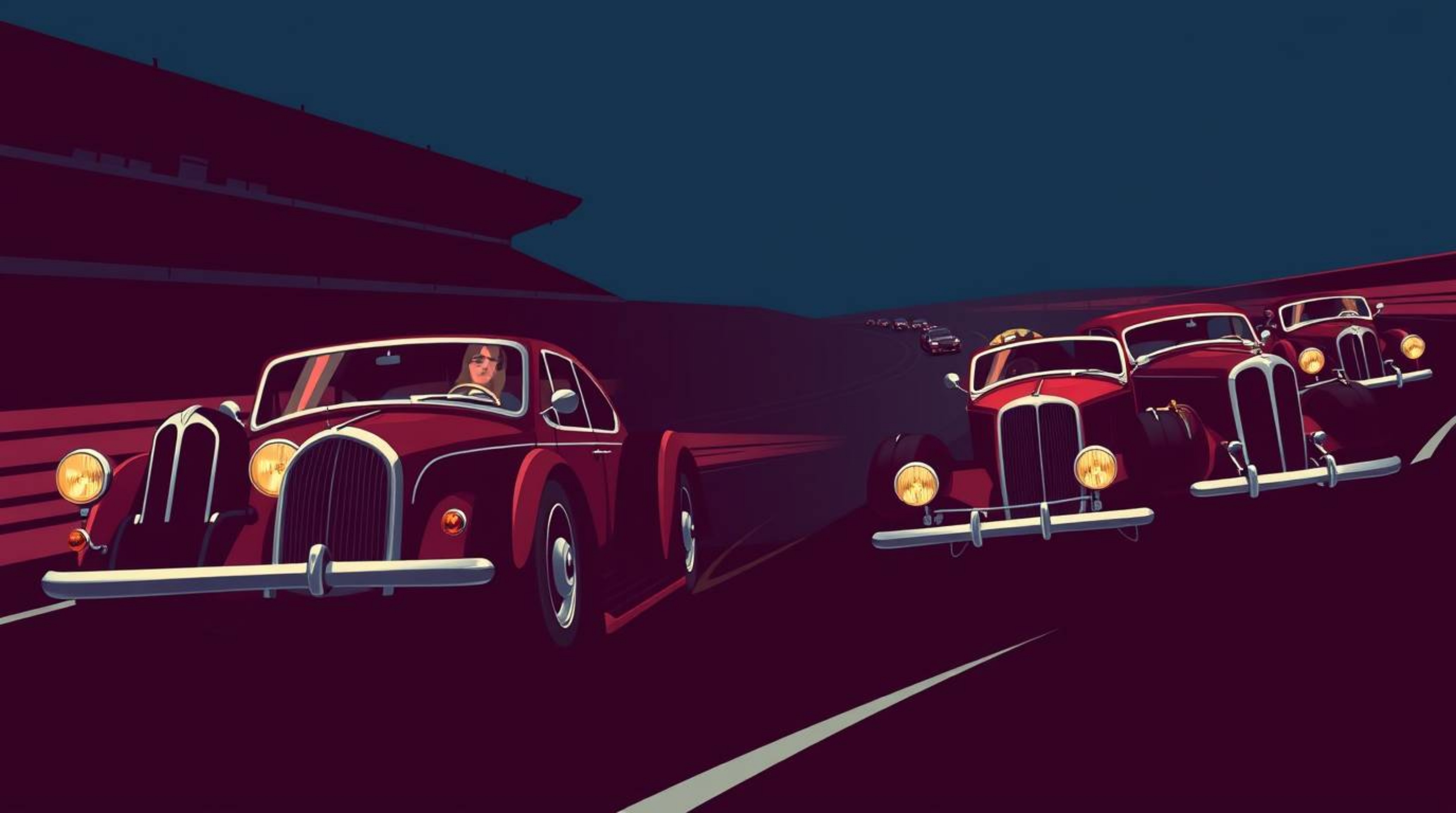 Experience a sophisticated and elegant wacky racing scene featuring outlandish cars in a visually striking palette of rich bu