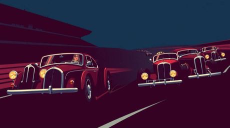 Experience a sophisticated and elegant wacky racing scene featuring outlandish cars in a visually striking palette of rich bu