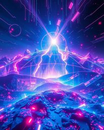 Experience the ethereal vibe and mystical feeling of a digital glitch landscape breaking apart in electric vivid colors with 